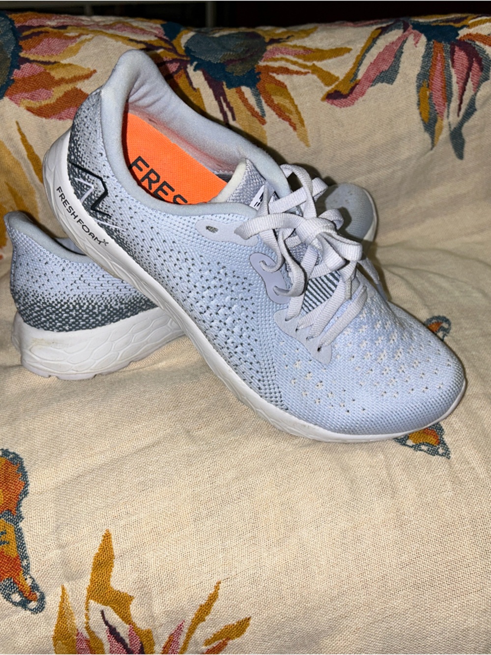New Balance Women's White Knit Athletic Sneakers with Orange Interior